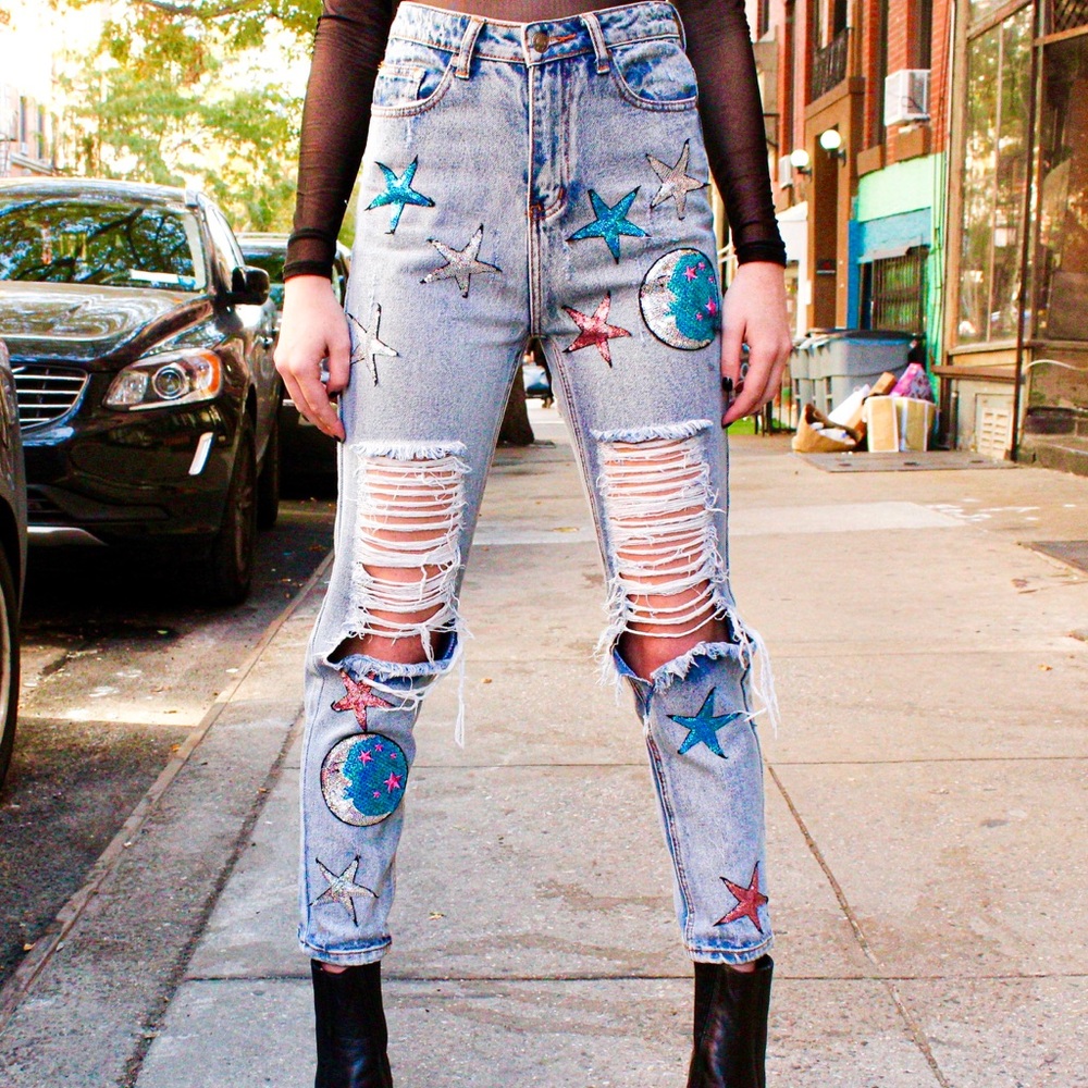 LF Women's Jeans with Star and Moon Embroidery